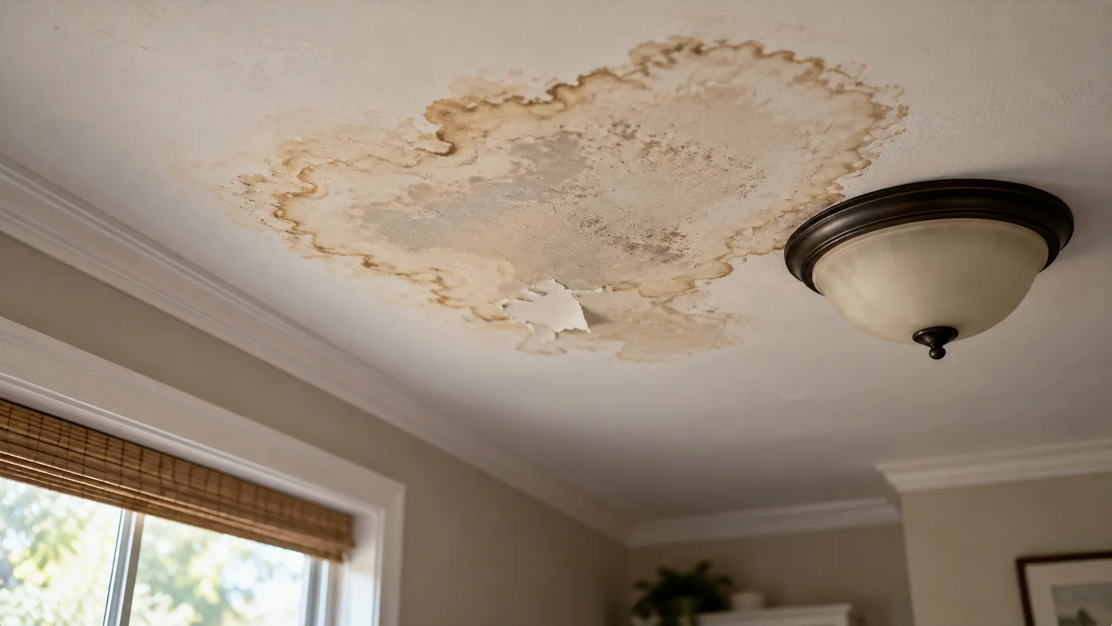 A brown water stain spreading across a residential ceiling near a light fixture