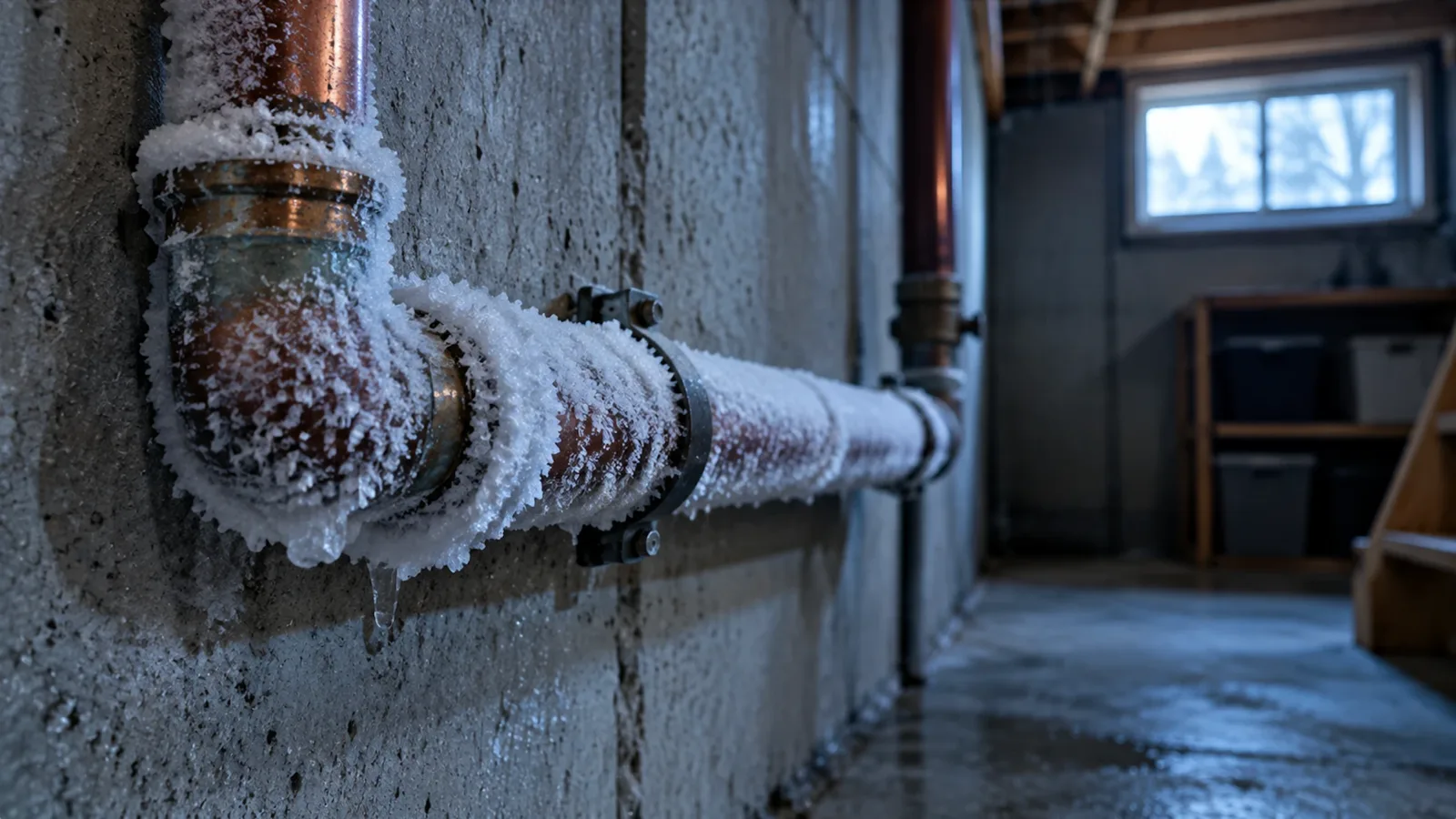 A frozen residential water pipe covered in frost along an unheated interior wall