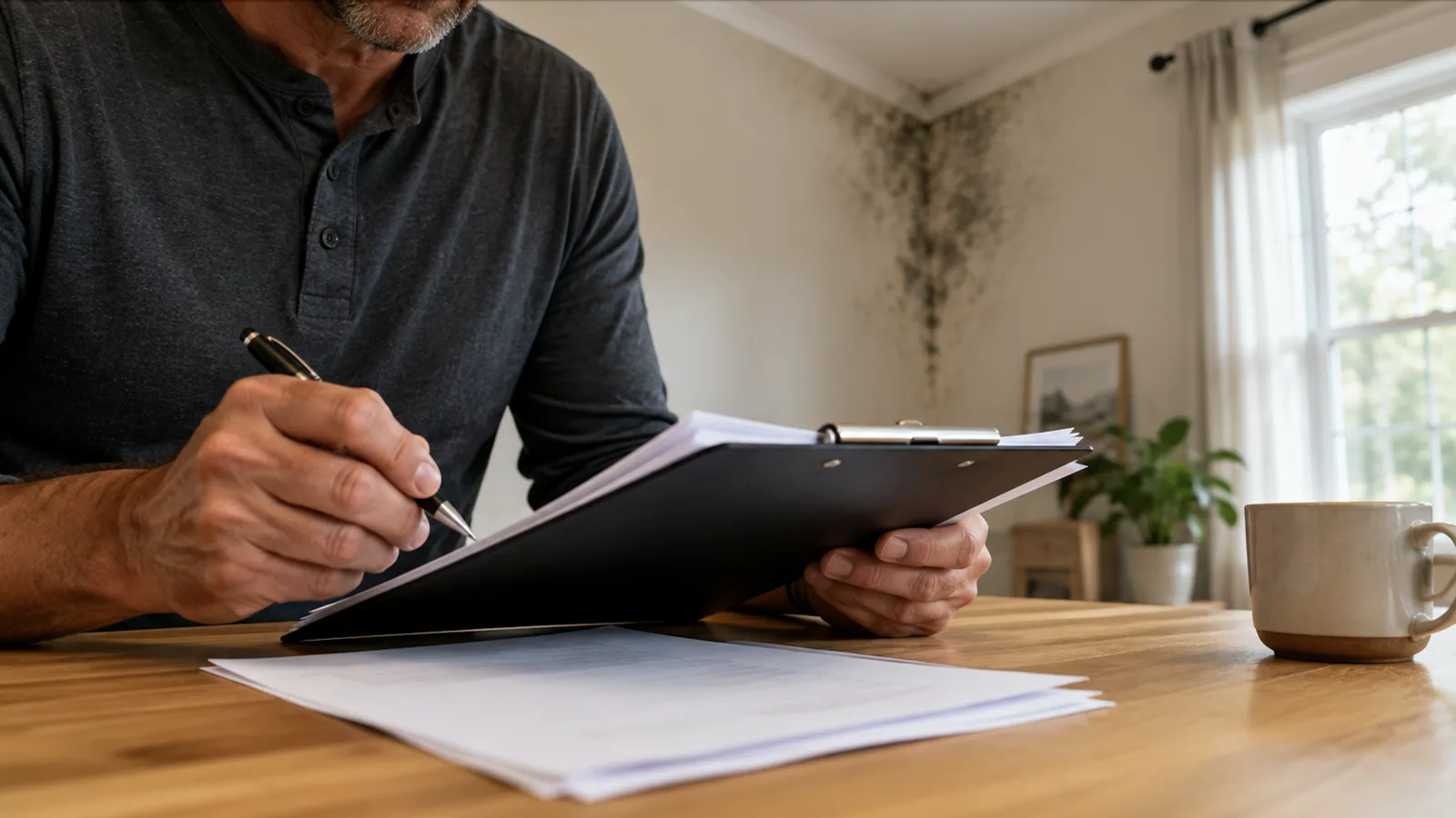 A homeowner reviewing insurance paperwork at a table with mold visible on the wall behind them