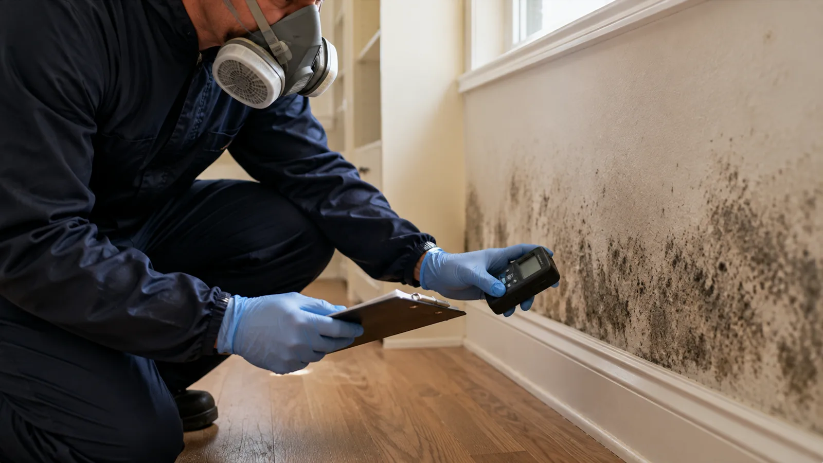 A technician in protective equipment inspecting mold growth on a wall during a home mold assessment