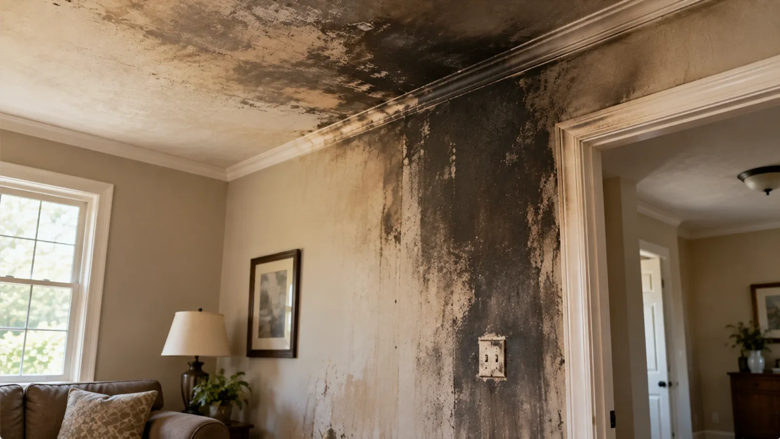 Soot and smoke damage staining the wall and ceiling of a residential room after a fire