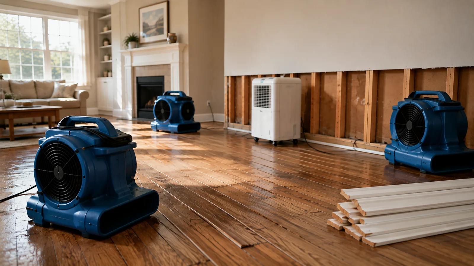 Air movers and a dehumidifier drying a water-damaged living room mid-restoration, with a flood cut and removed baseboards