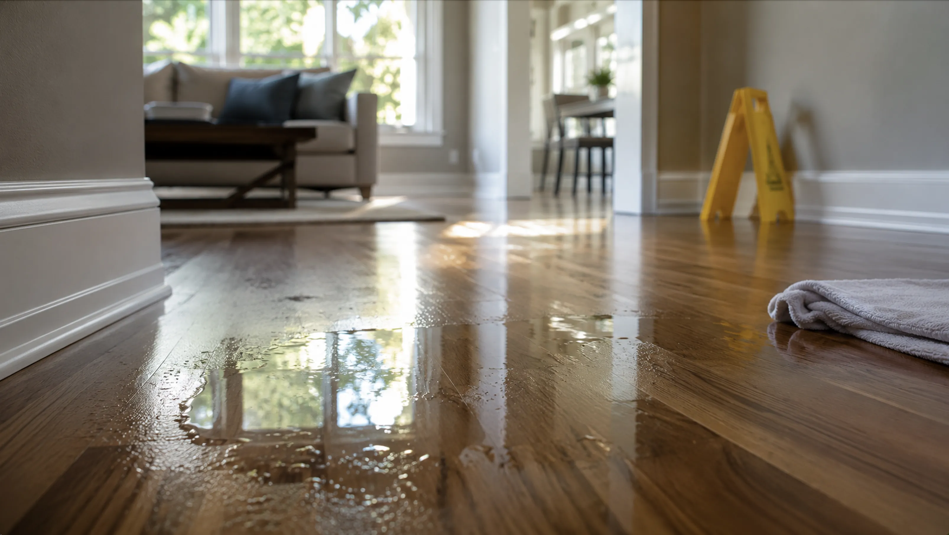 Water pooled on hardwood floor with wet floor sign visible in a residential home