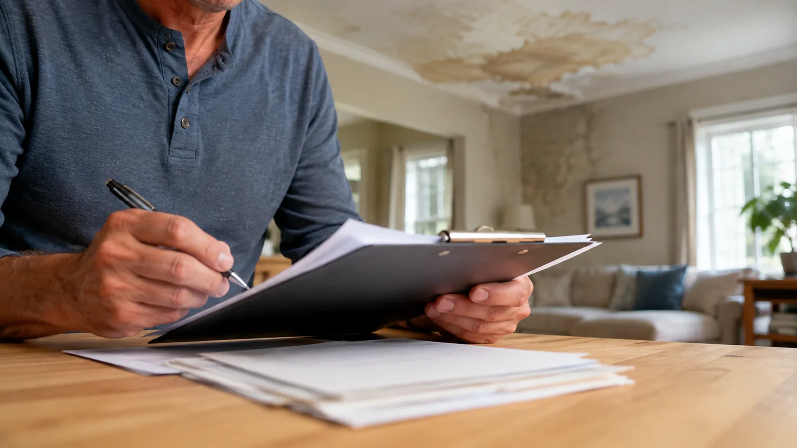 Homeowner reviewing insurance paperwork on a clipboard with a water-stained ceiling visible in the background